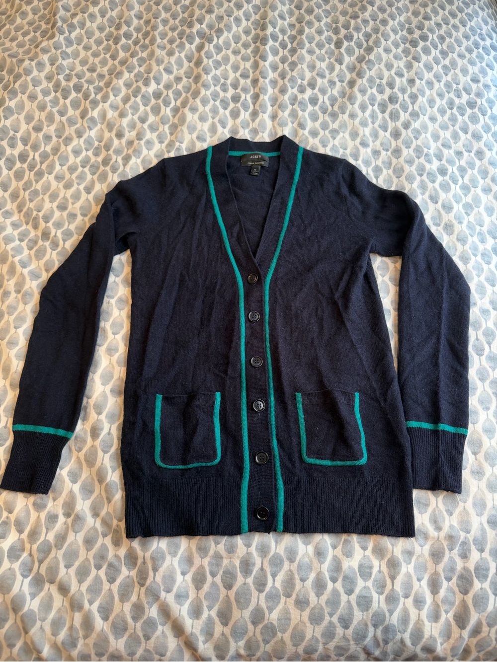 J. Crew Navy Cashmere Cardigan with Green Trim